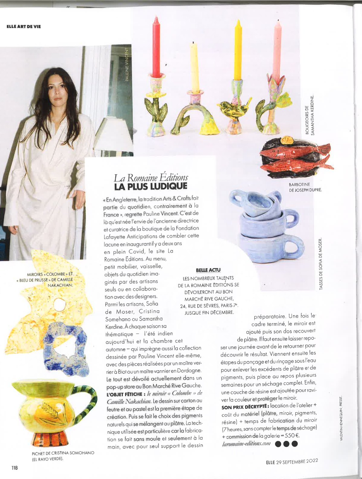 Page du magazine ELLE du 29 septembre 2022 présentant les miroirs Colombe et Bleu de Prusse